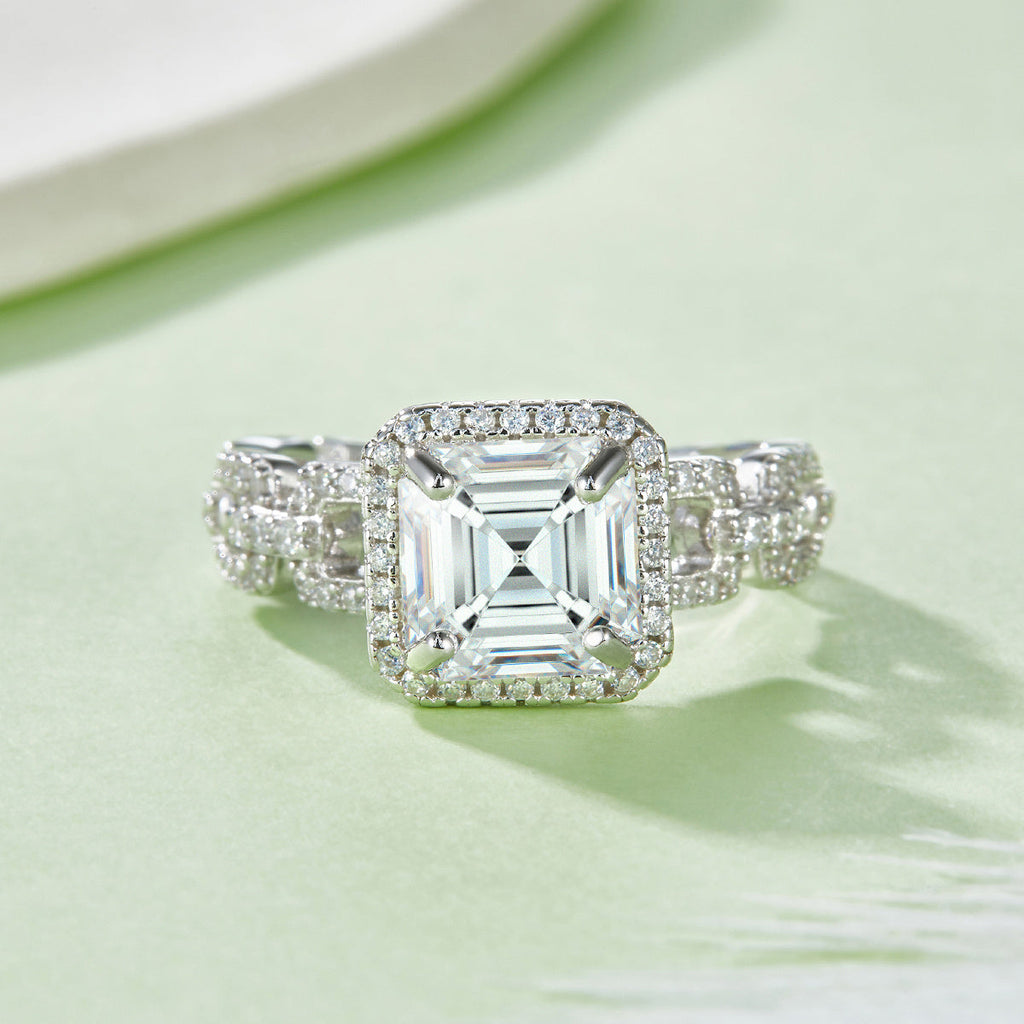 S925 Sterling Silver 2.5ct Asscher Cut Moissanite Ring, D-VVS1 Halo Chain Band, Platinum Plated US Sizes 5-9 GRA Gift Box