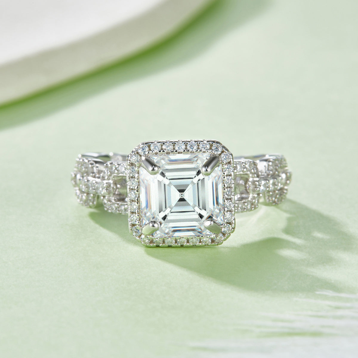 S925 Sterling Silver 2.5ct Asscher Cut Moissanite Ring, D-VVS1 Halo Chain Band, Platinum Plated US Sizes 5-9 GRA Gift Box