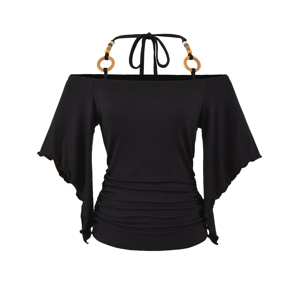Women's Retro Off-the-Shoulder Beaded Halter Neck Top