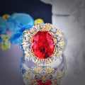 Vintage Two Tone Floral Prong Adjustable Open Ring For Women, Square Cut Scarlet Tone Simulated Zirconia Full Micro Pave Rhinestone Light Luxury Party Statement Finger Jewelry