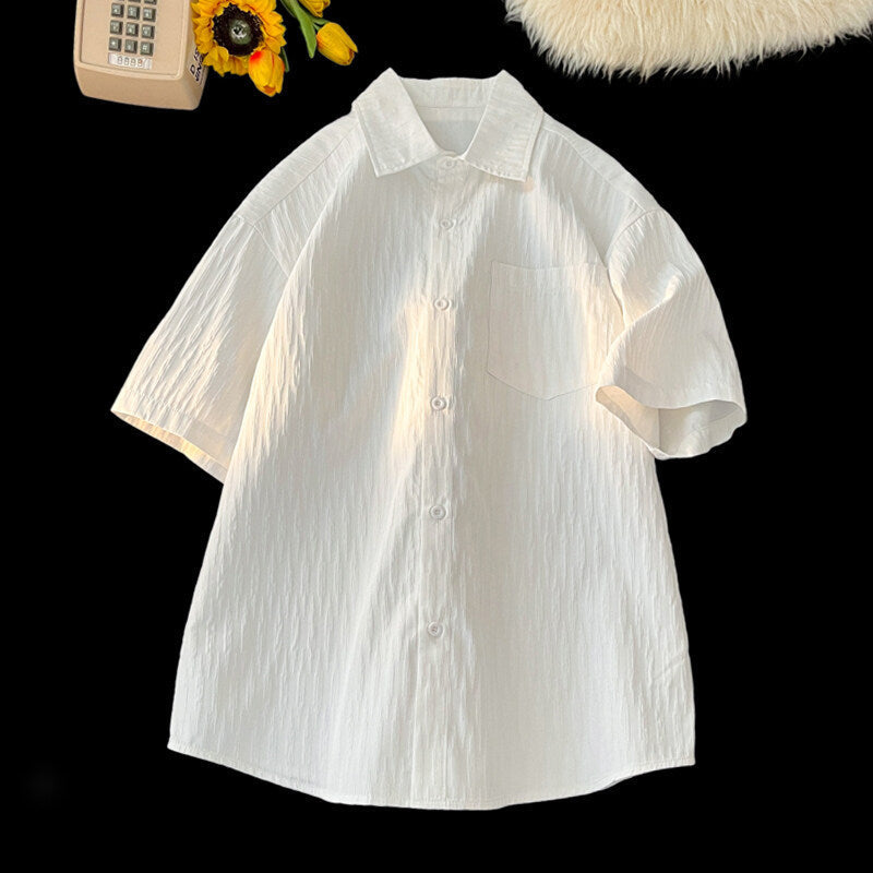 Textured Striped White Ice Silk Short Sleeve