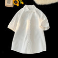 Textured Striped White Ice Silk Short Sleeve