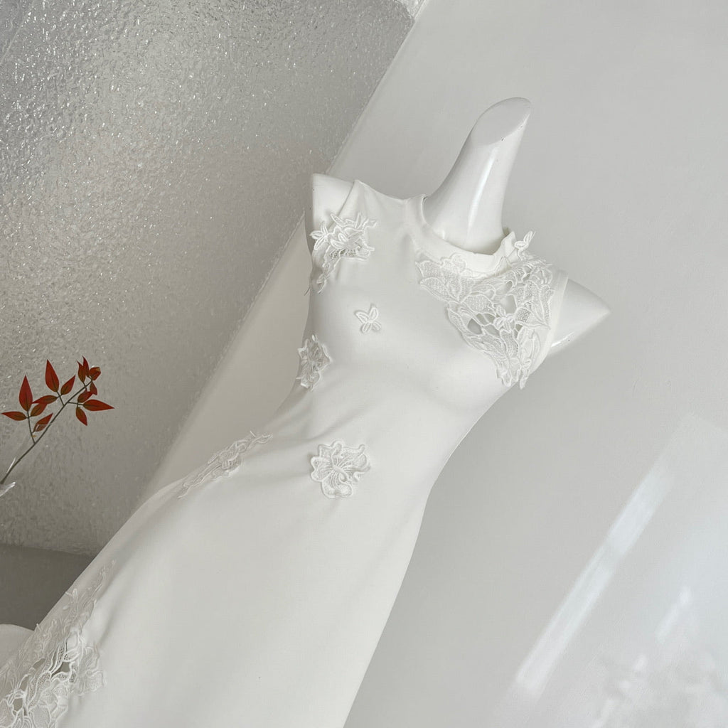 White Lace Openwork Design Sleeveless Dress Skirt
