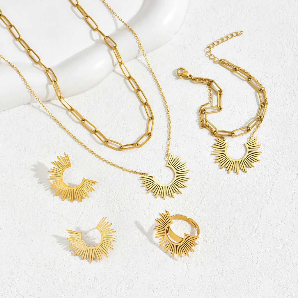 Sweet Elegant Camellia Style Minimal Women Full Jewelry Set, Niche Sunflower Design Bracelet Earrings Long Pendant Necklace Index Finger Ring Daily Accessories