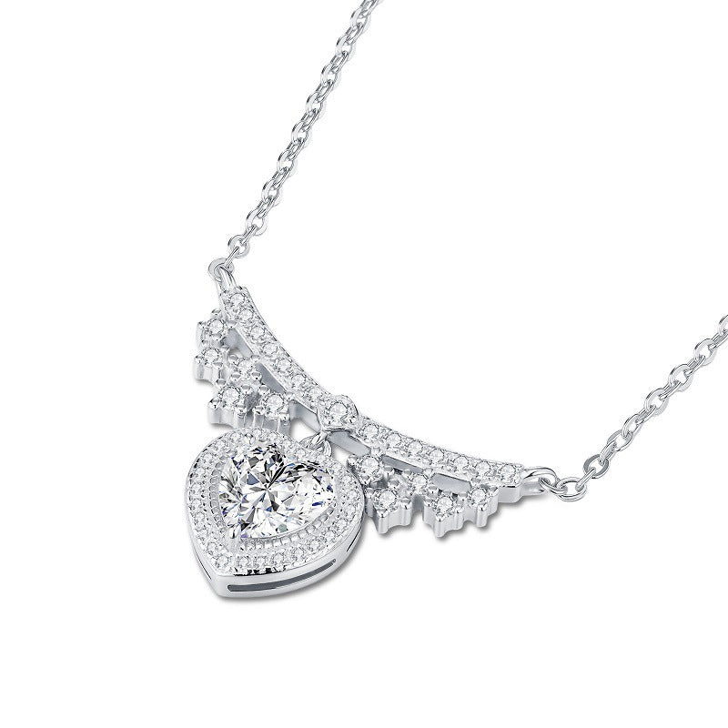S925 Sterling Silver Heart Moissanite Necklace, 1ct D-VVS1 Pendant With Pave Bar, Platinum Plated 40&45cm Chain, 4.2g GRA Certificate Gift Box