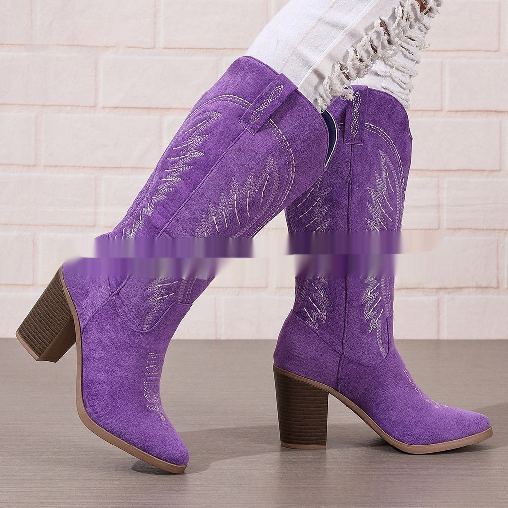 Autumn New Pointed Mid Heel High Tube Embroidered Denim Boots