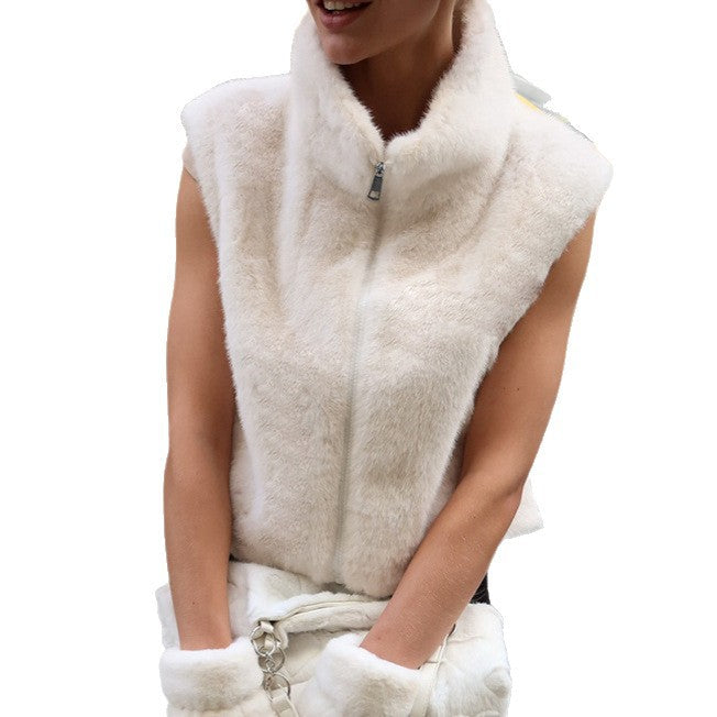 Faux Fur Stand Collar Sleeveless Top Cardigan Solid Color Zipper Vest Women's Vest