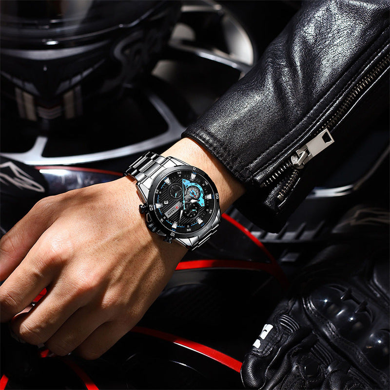 Mens Six-Hand Steel-Strap Motorcycle Watch