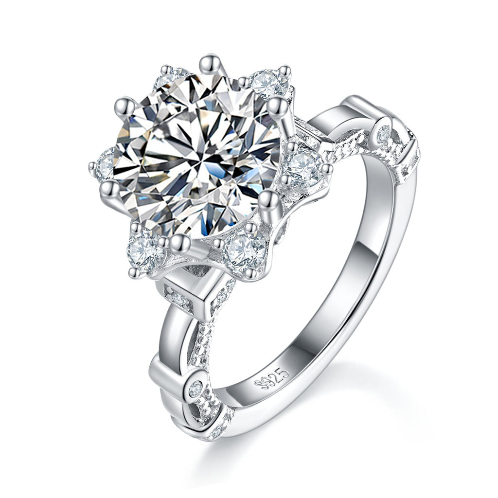 S925 Sterling Silver 3ct Moissanite Ring, 9mm D-VVS1 Star Halo Split Shank, Platinum Plated US Sizes 5-9, GRA Certified Gift Box