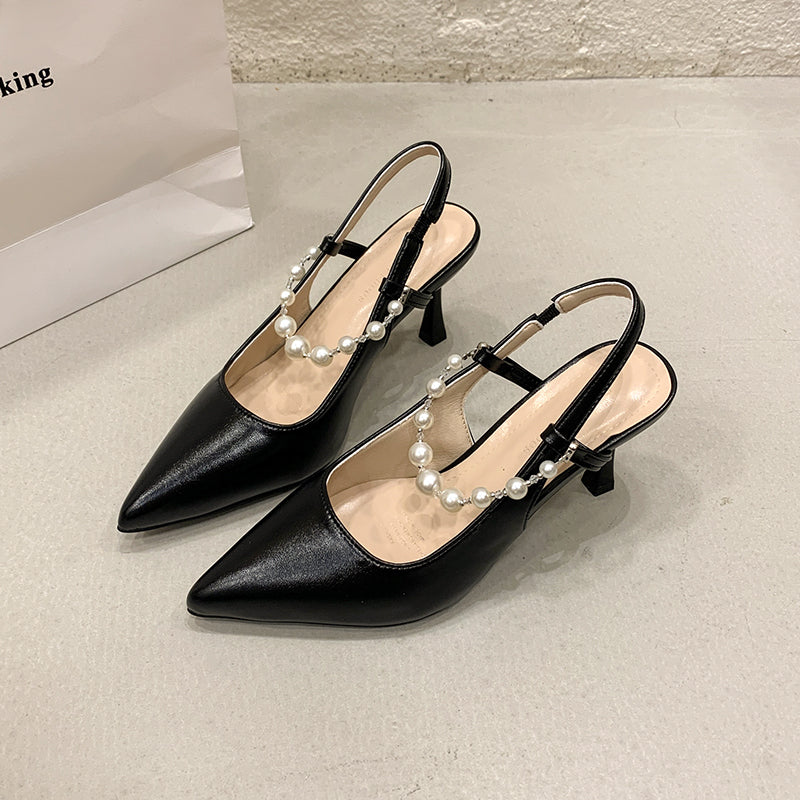 Women French Style Pearl Closed Toe Sandals, 2026 Summer New Pointed Toe Stiletto Backless High Heels, Fairy Style Single Shoes