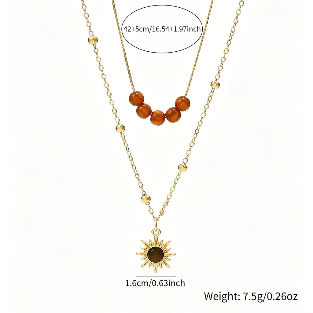 Cross-border Vintage Sunflower Tiger's Eye Necklace For Women, Niche Design Premium Texture Stackable Clavicle Chain Matching Jewelry
