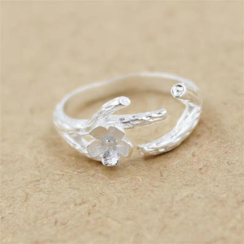 S925 Sterling Silver Open-ring Delicate Flower And Branch Plain Silver Ring