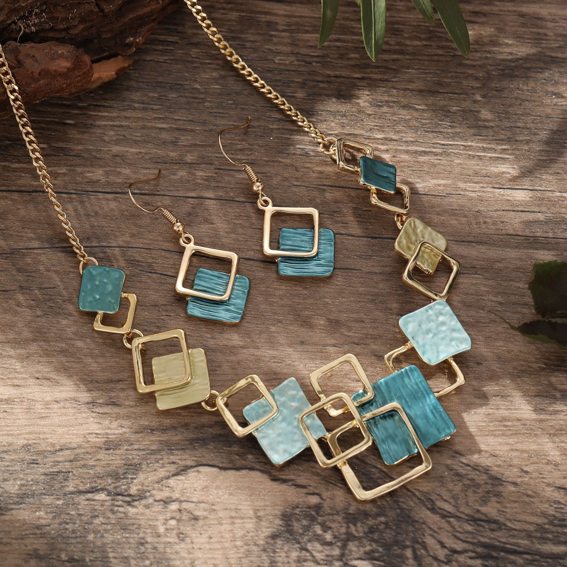 Color Painting Oil Geometric Square Ear Studs Bracelet And Necklace Set