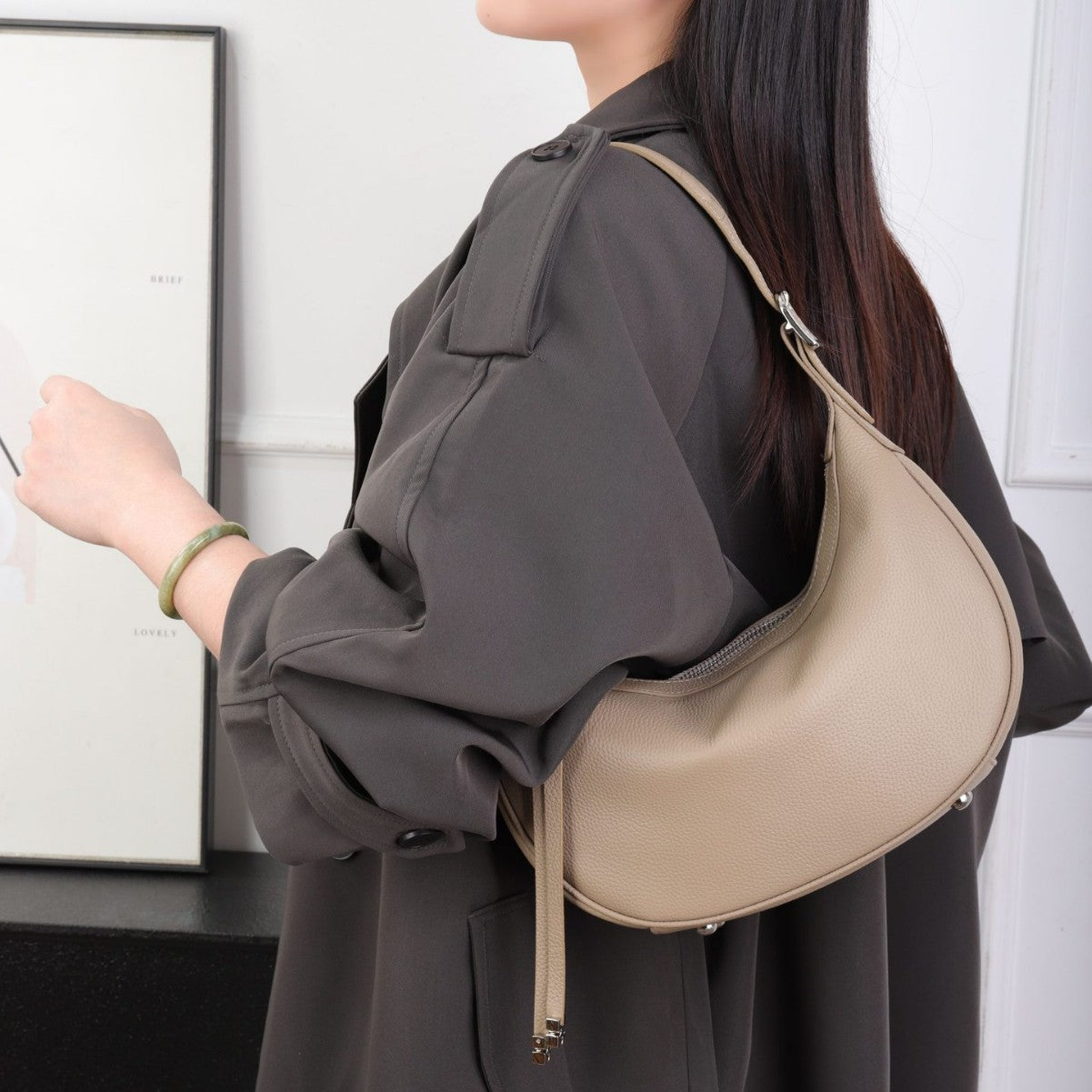 Cross-border Fashion Minimalist Top-grain Leather Dumpling Bag, Genuine Leather Women's Bag, Light Luxury Shoulder And Crossbody Half-moon Underarm Bag