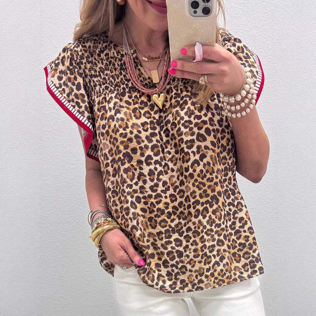 Womens Fashion Leopard-Print Ruffle-Trim Loose Chiffon Blouse