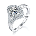 S925 Sterling Silver 1ct Moissanite Ring, D-VVS1 Round Cut Geometric V-Halo, Platinum Plated 3g US 5-9 GRA Gift Box