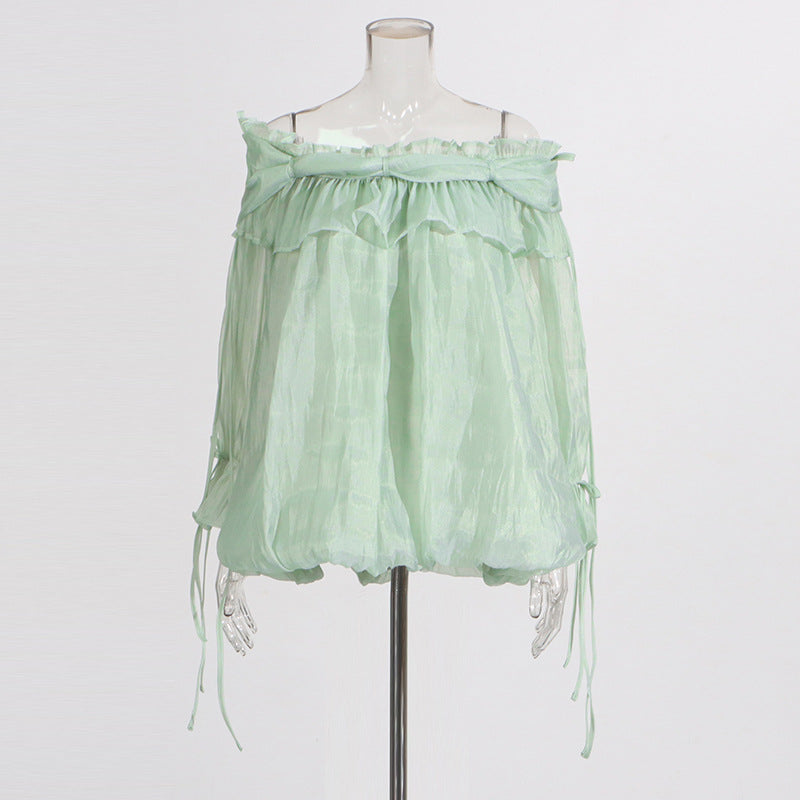 Retro Off-the-Shoulder Strap Bell-Sleeve Solid Color Chiffon Top