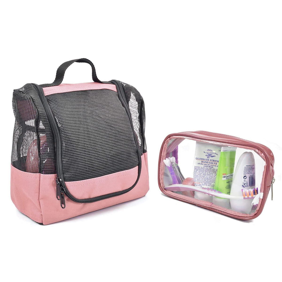 The Fine Living Co. USA Portable Hanging Shower Caddy Organizer with 1 Free Toiletries Case Quick Dry Mesh Shower Caddy Tote Bag Included 1 Metal Hook Perfect for Dorm Camp Travel Gym Pink