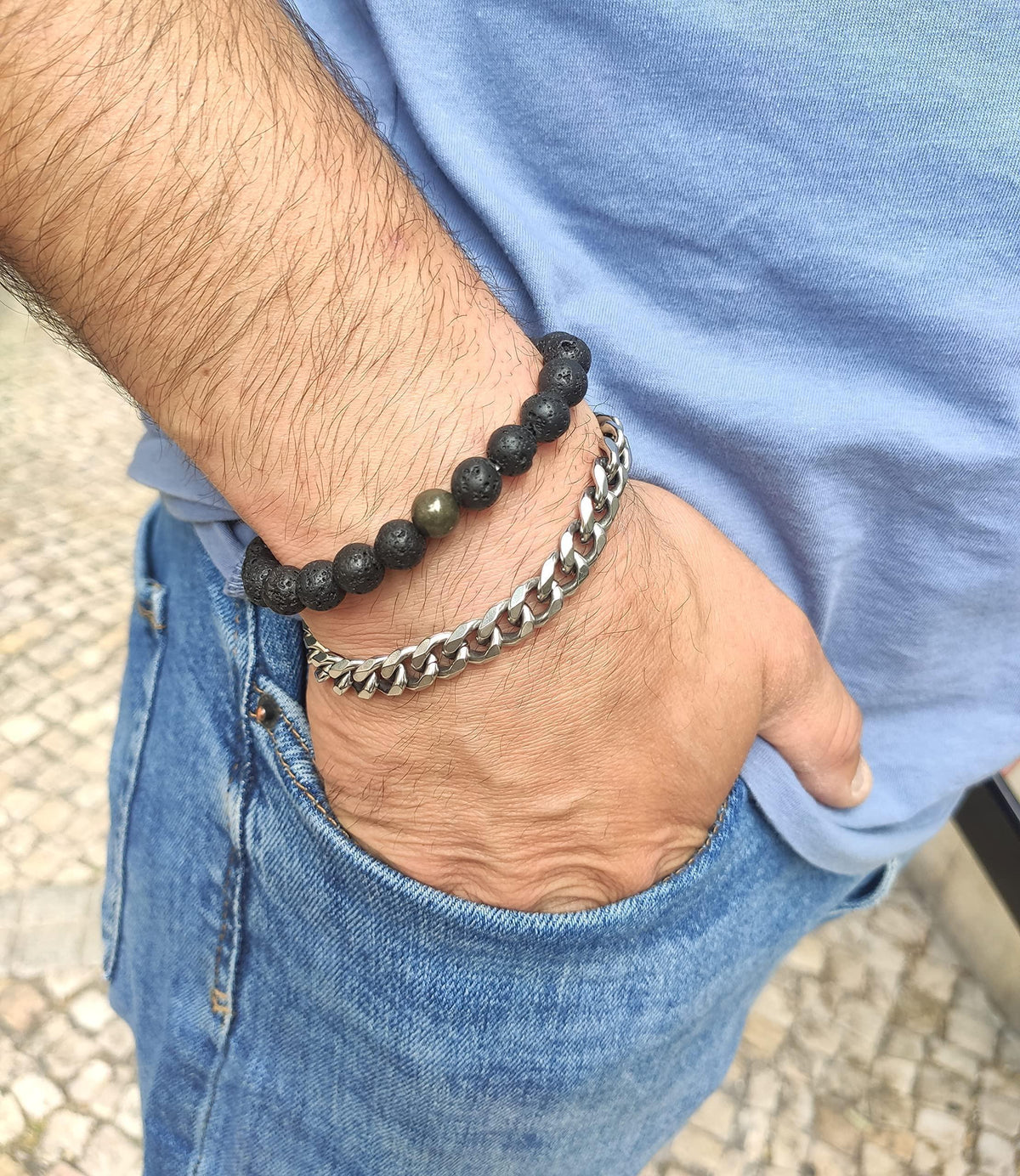 Black Lava Rock Beads Natural Stone Bracelets with Pyrite  Set of 2  Healing Crystal Energy Activation Power Chakra Reiki Elastic Stretch Bracelet for Protection Man Women Diffuser Elastic Yoga 8mm