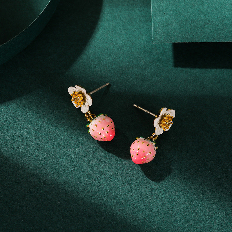 Enamel Strawberry Silver Needle Earrings For Women