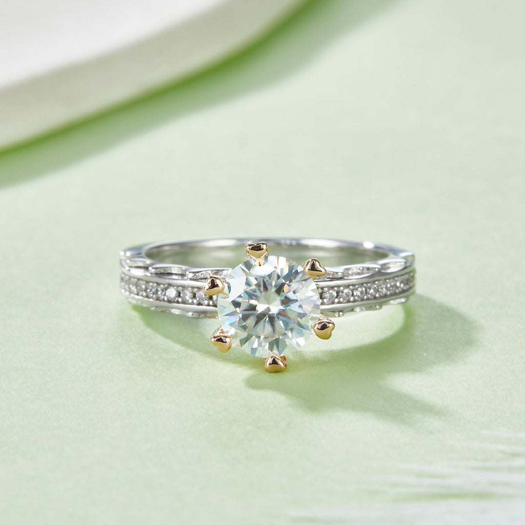 S925 Sterling Silver 1ct Moissanite Ring, 6.5mm Round Cut With Gold Heart Prongs, Pave Band, US Sizes 5-9, GRA Certificate Gift Box