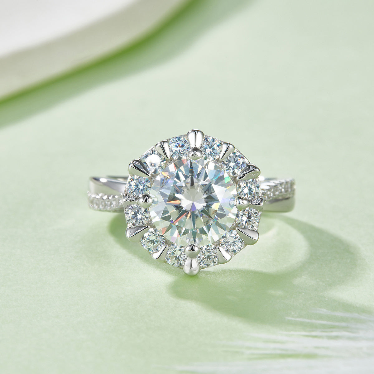 S925 Sterling Silver 2ct Moissanite Ring, 8mm D-VVS1 Sunflower Halo Setting, Platinum Plated 5.3g US Sizes 5-9 GRA Gift Box