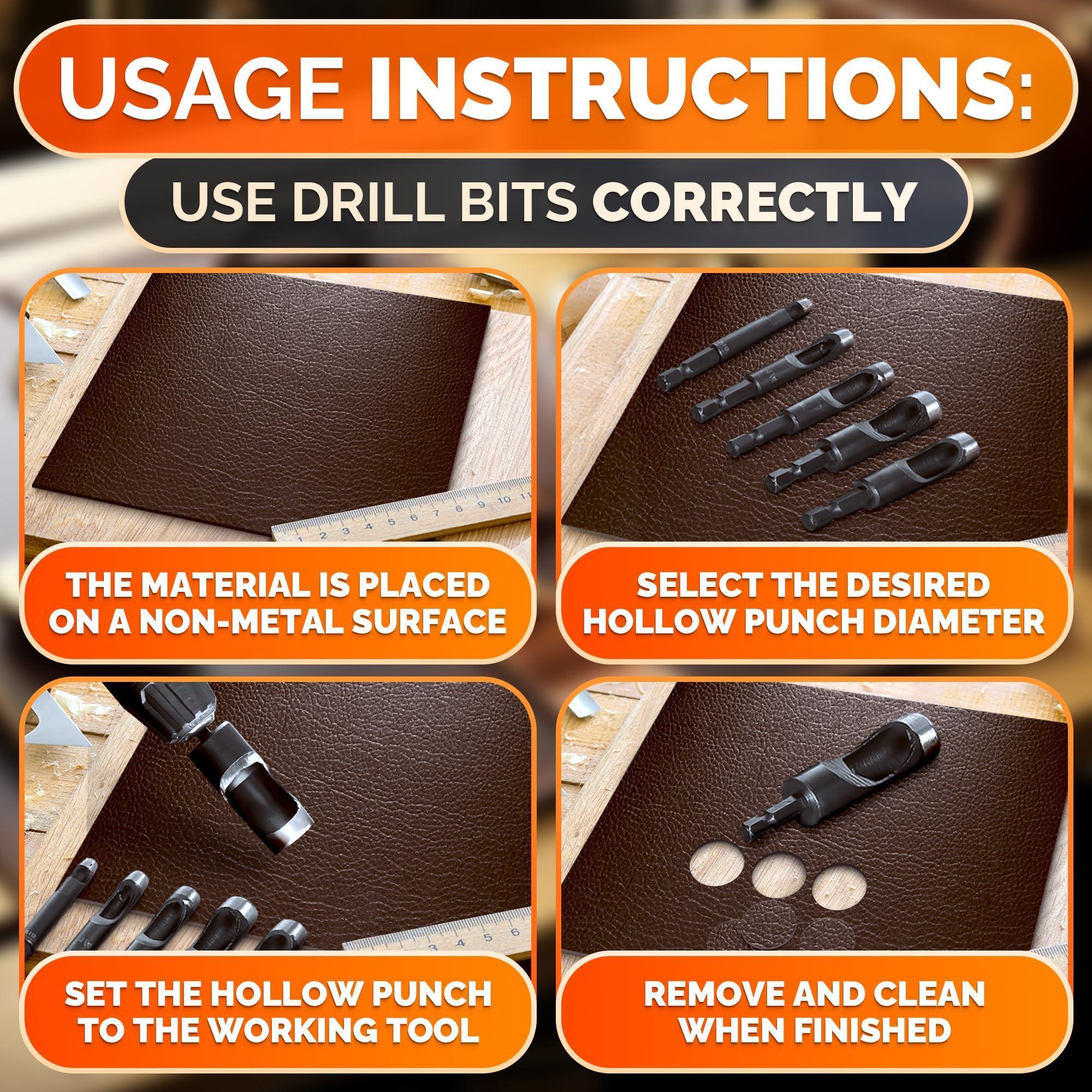 Leather Hole Punch Tool Set   6 Pcs Drill Bits 3 16  1 4  5 16  3 8  7 16  1 2    High Precision Leather Punch Tool for Belts Fabric and Crafts   Durable Carbon Steel Sharp and Efficient