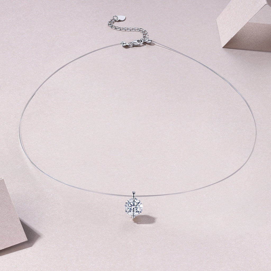 S925 Sterling Silver Invisible Necklace, 1&2&3ct D-VVS1 Moissanite Solitaire Pendant, Platinum Plated 40&46cm Chain, GRA Certified Gift Box