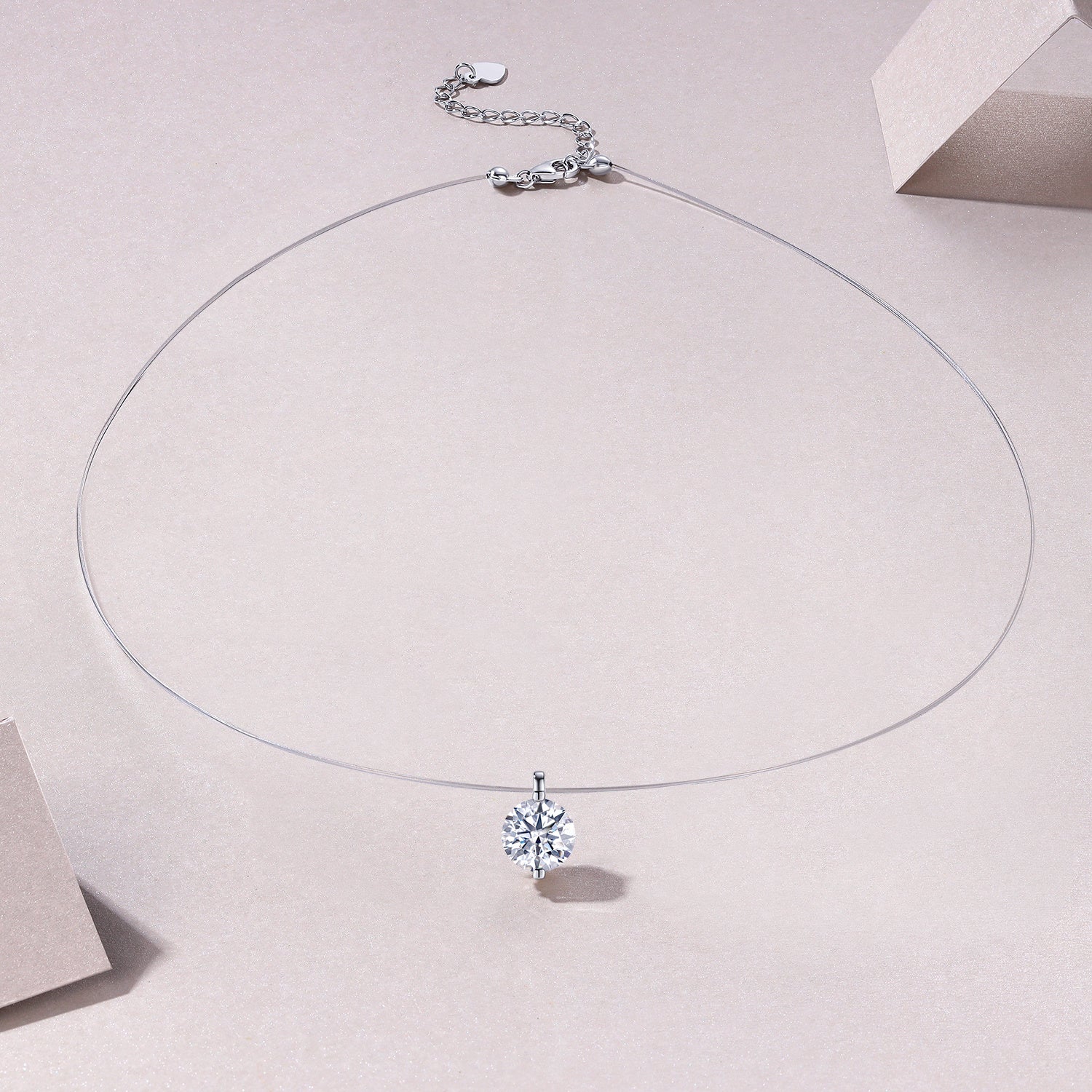 S925 Sterling Silver Invisible Necklace, 1&2&3ct D-VVS1 Moissanite Solitaire Pendant, Platinum Plated 40&46cm Chain, GRA Certified Gift Box