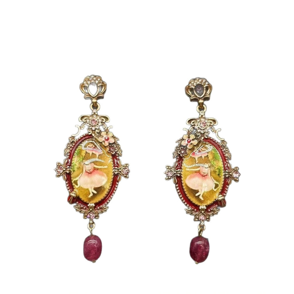 Enamel Pattern Design Vintage Earrings With Diamond Inlay