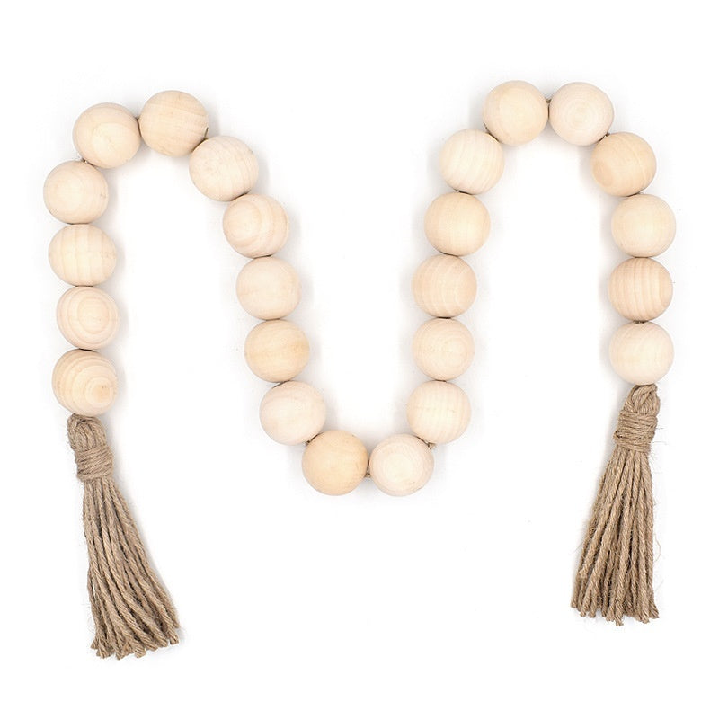 18-bead Large-size Bead Necklace With Hemp Rope Tassels And Wooden Beads