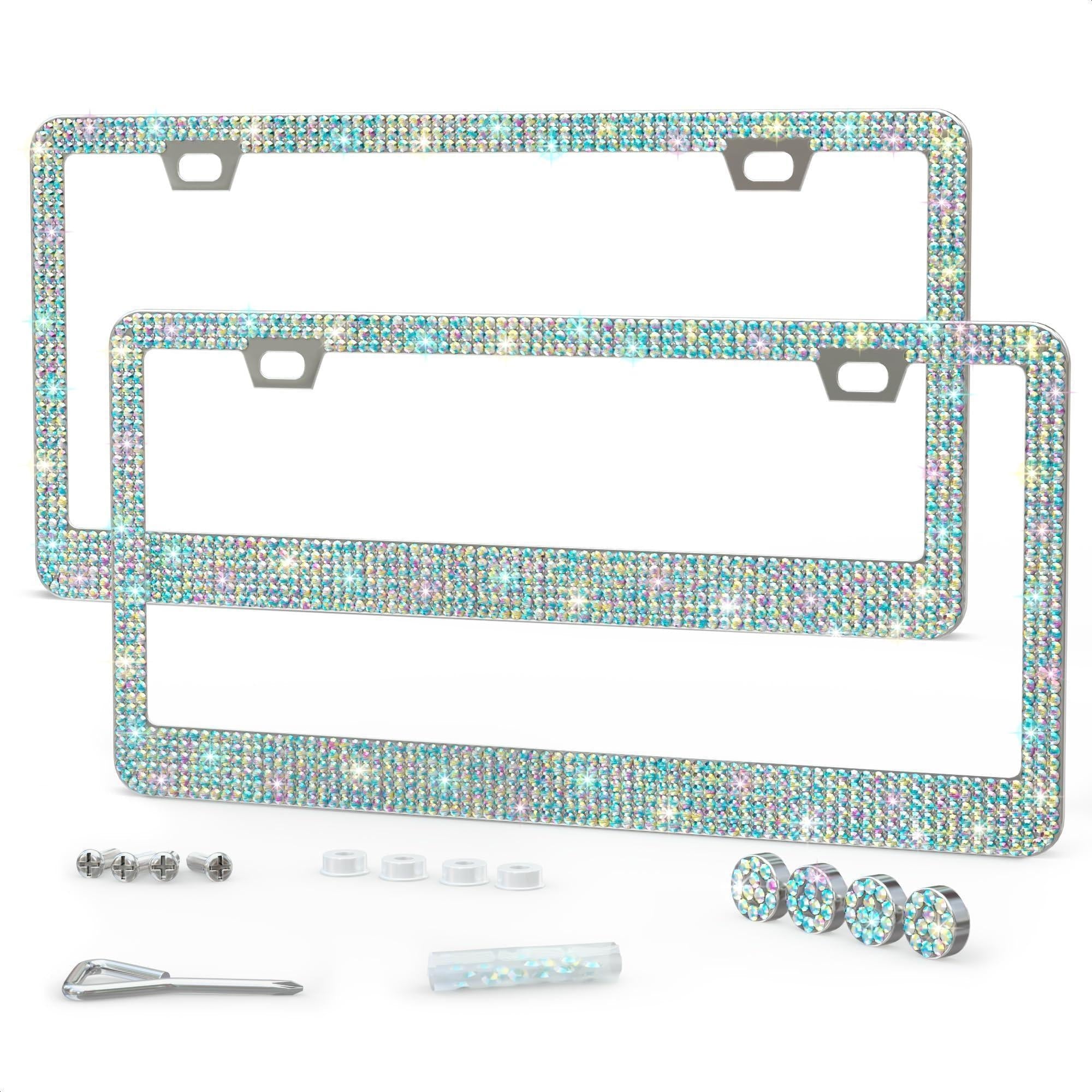 2 Pack Bling License Plate Frames for Women Sparkling Rhinestone License Plate Frame 12.16x6.18 inch with Screws Caps for Easy Installation Cute Bling Car Accessories for Women
