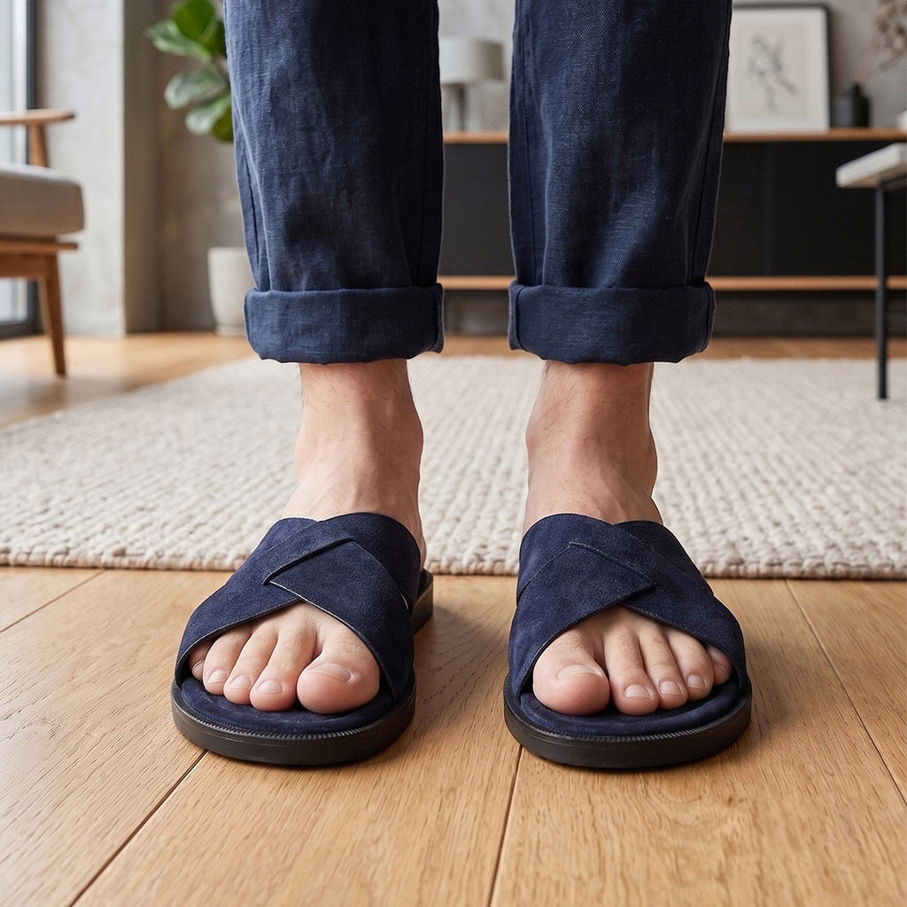 Mens Suede Slippers Summer Outdoor Cross-Strap Sandals
