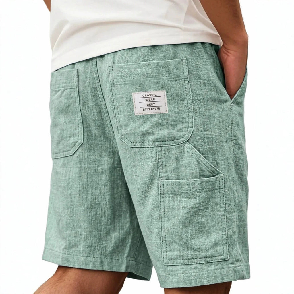 Mens Solid-Color Bamboo-Texture Linen Multi-Pocket Shorts