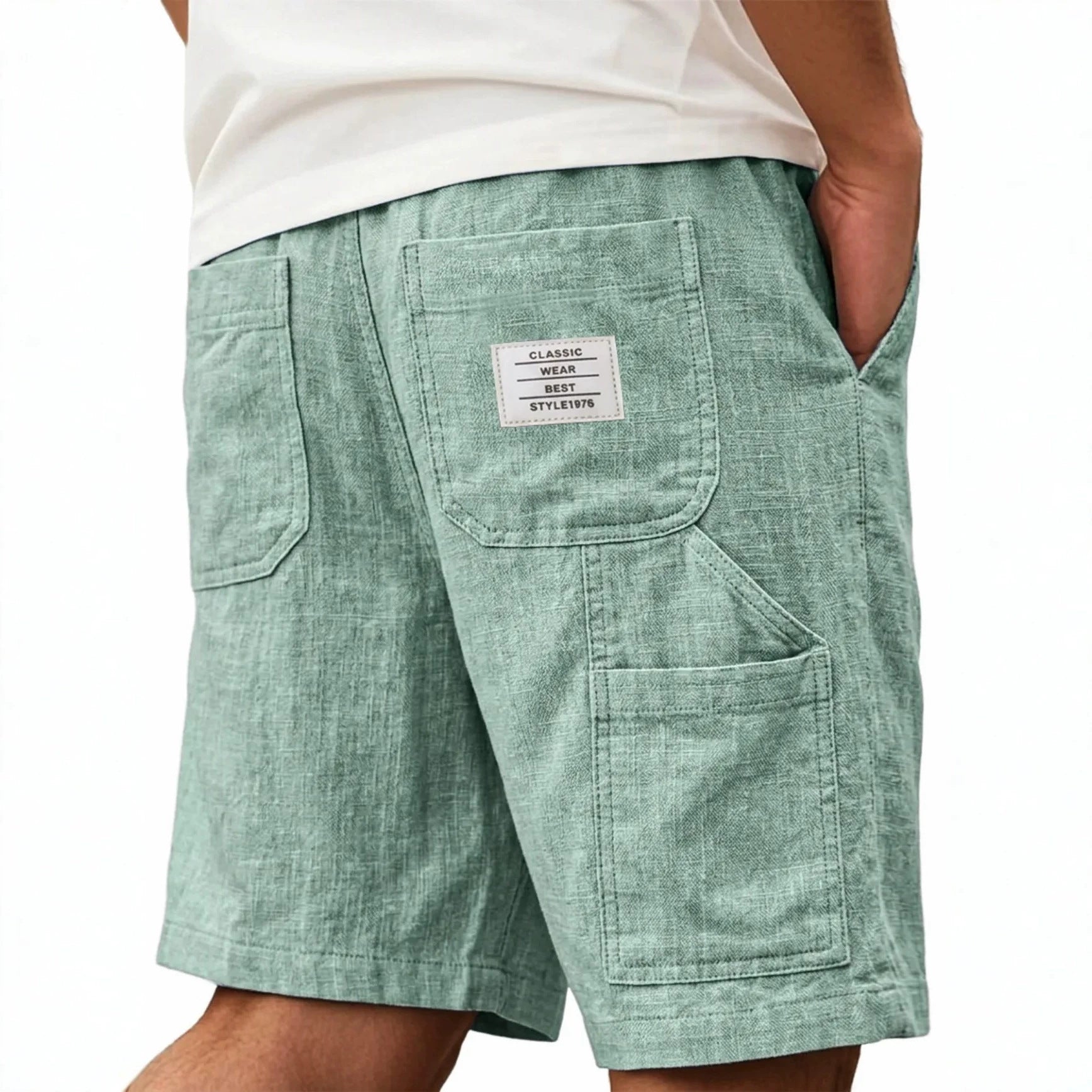 Mens Solid-Color Bamboo-Texture Linen Multi-Pocket Shorts