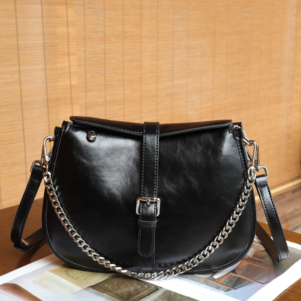 Cross-border Top-layer Genuine Leather Saddle Bag, Versatile And High-end Feeling, Women's Fashion Simple Shoulder Chain Underarm Bag