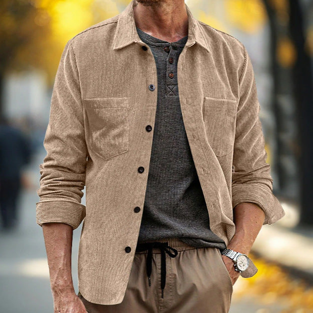 Mens Corduroy Long-Sleeve Casual Pocket Lapel Shirt Jacket