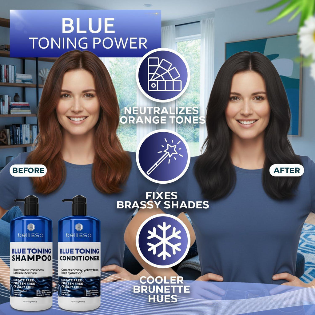 Blue Shampoo and Conditioner Set  16 Fl Oz Set of 2 Sulfate Free and Paraben Free Neutralizing Toner to Correct Orange Brassy Hair Back to Brunette Professional Formula For Women Men