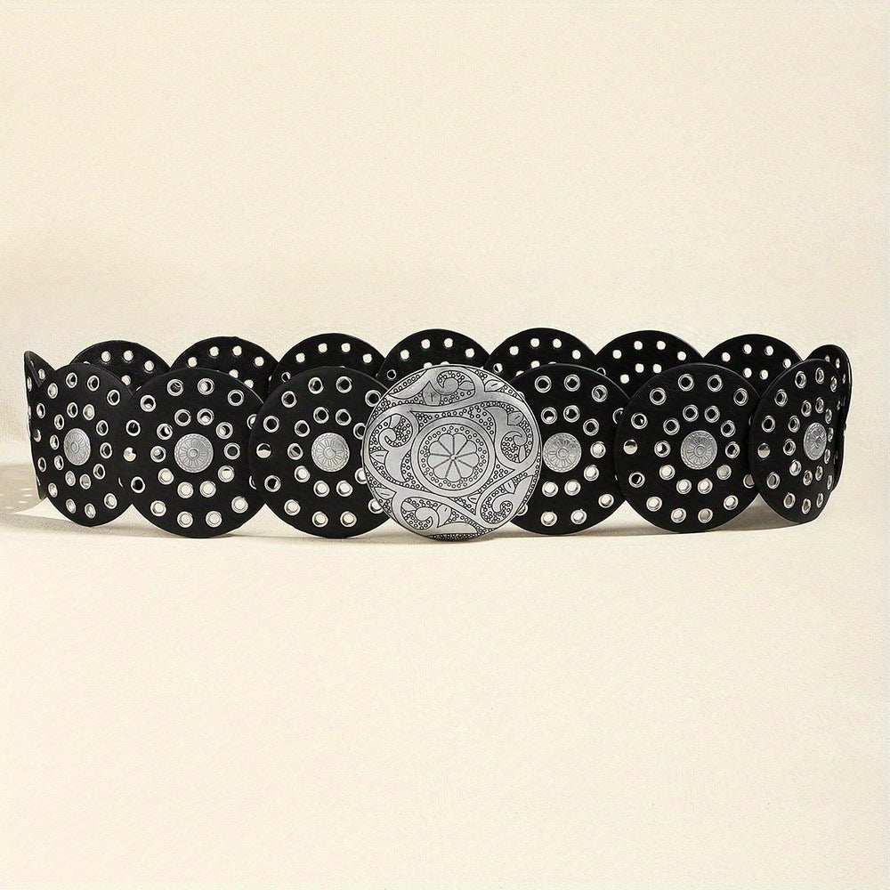 Disc Hook Leather Retro Rivet Alloy Belt Wide Belt