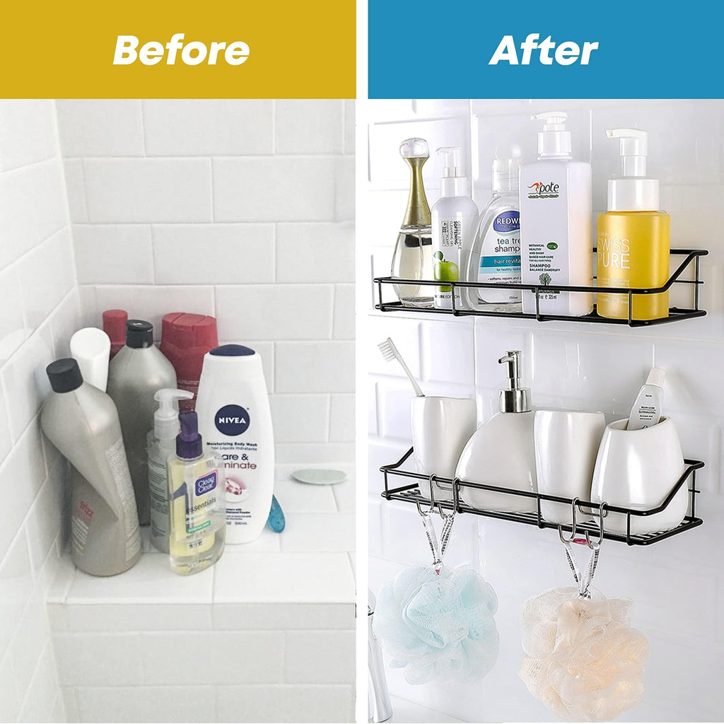 Adhesive Shower Caddy 2 Pack Black Shelf Organizer with Hooks Stainless Steel