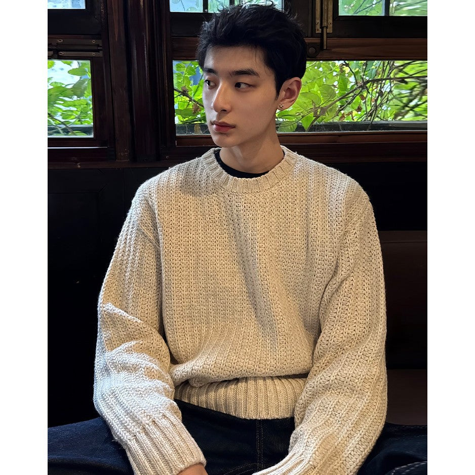 Mens Long-Sleeve T-Shirt American-Style Retro Heavy-Weight Knitted Hooded Sweater