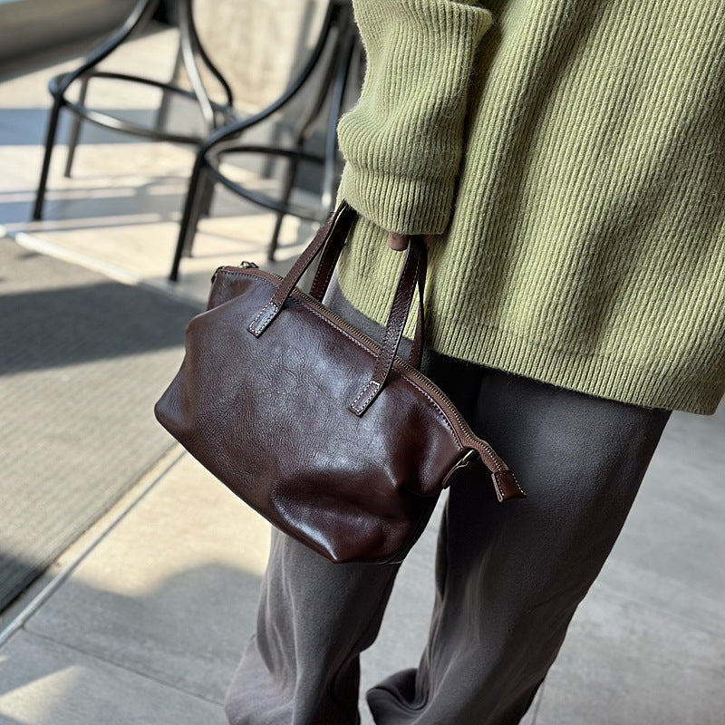 Cowhide Tree-bark Textured Wrinkled Single-shoulder Crossbody Bag