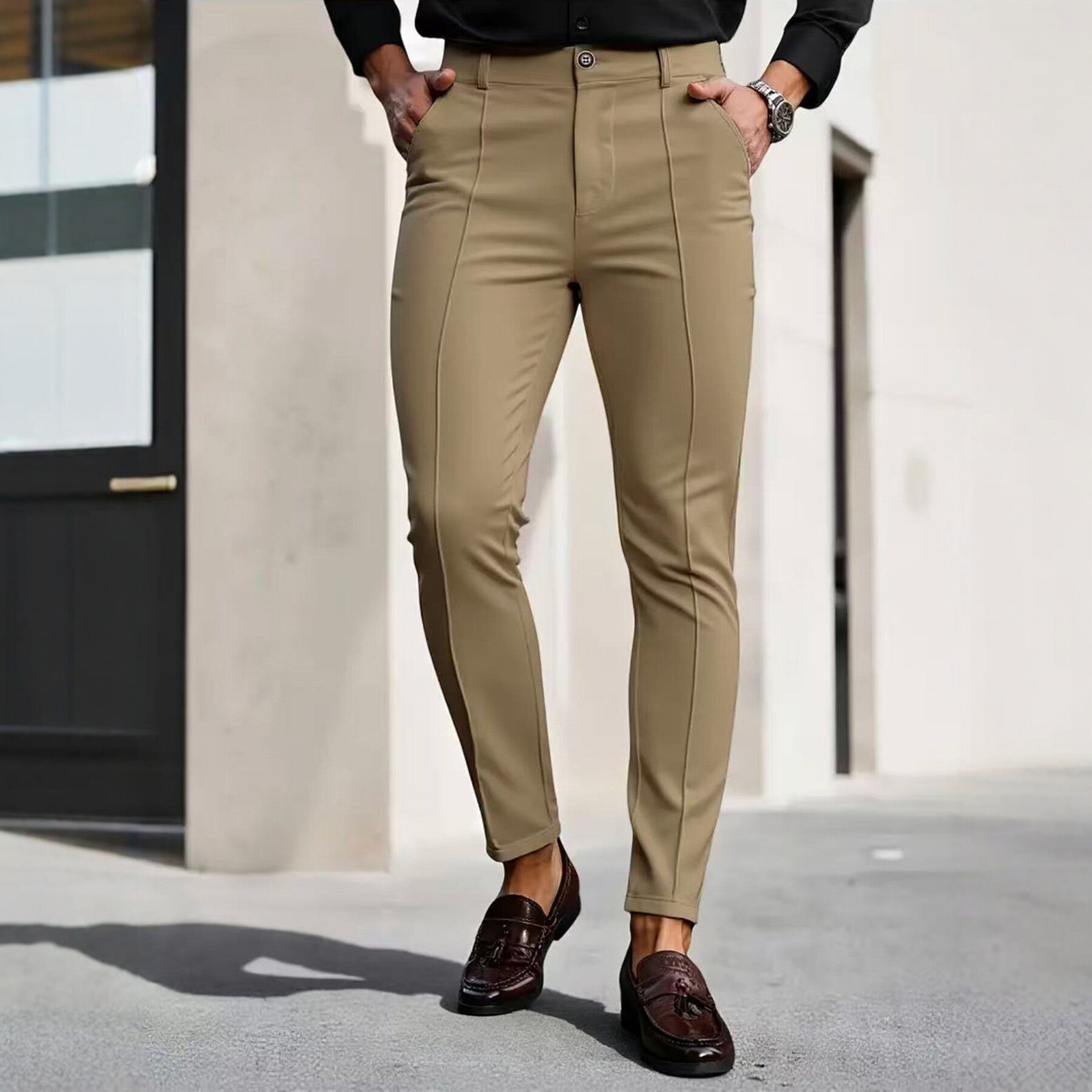 Mens Slim-Fit Solid-Color Stretch Cropped Dress Trousers