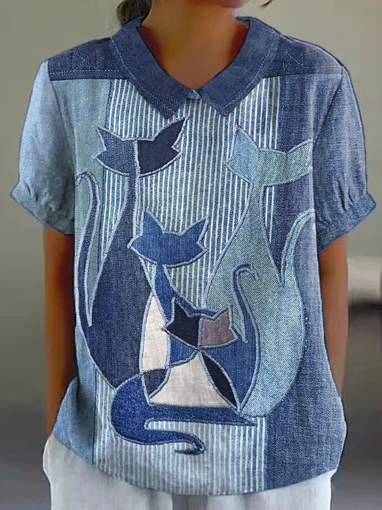New Womens Short-sleeve Shirt With A Creative Vintage Floral Design