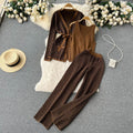 Exotic Printed V-Neck Knitwear Suit with Wide Leg Pants