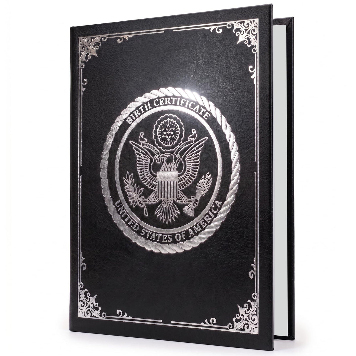 Birth Certificate Holder 8.5x11 Black Faux Leather Document Protector for Records Letter Size Durable Birth Certificate Document Holder Sleeve Protective Keepsake Folder with Silver Foil Cover