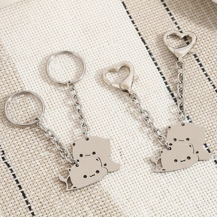 2Pcs Cute Dudu Bubu Hug Cat Couple Keychain Set, Stainless Steel Double Cat Charms, Round Key Ring & Heart Lobster Clasp, Sweet Matching Pair Gift For Lovers