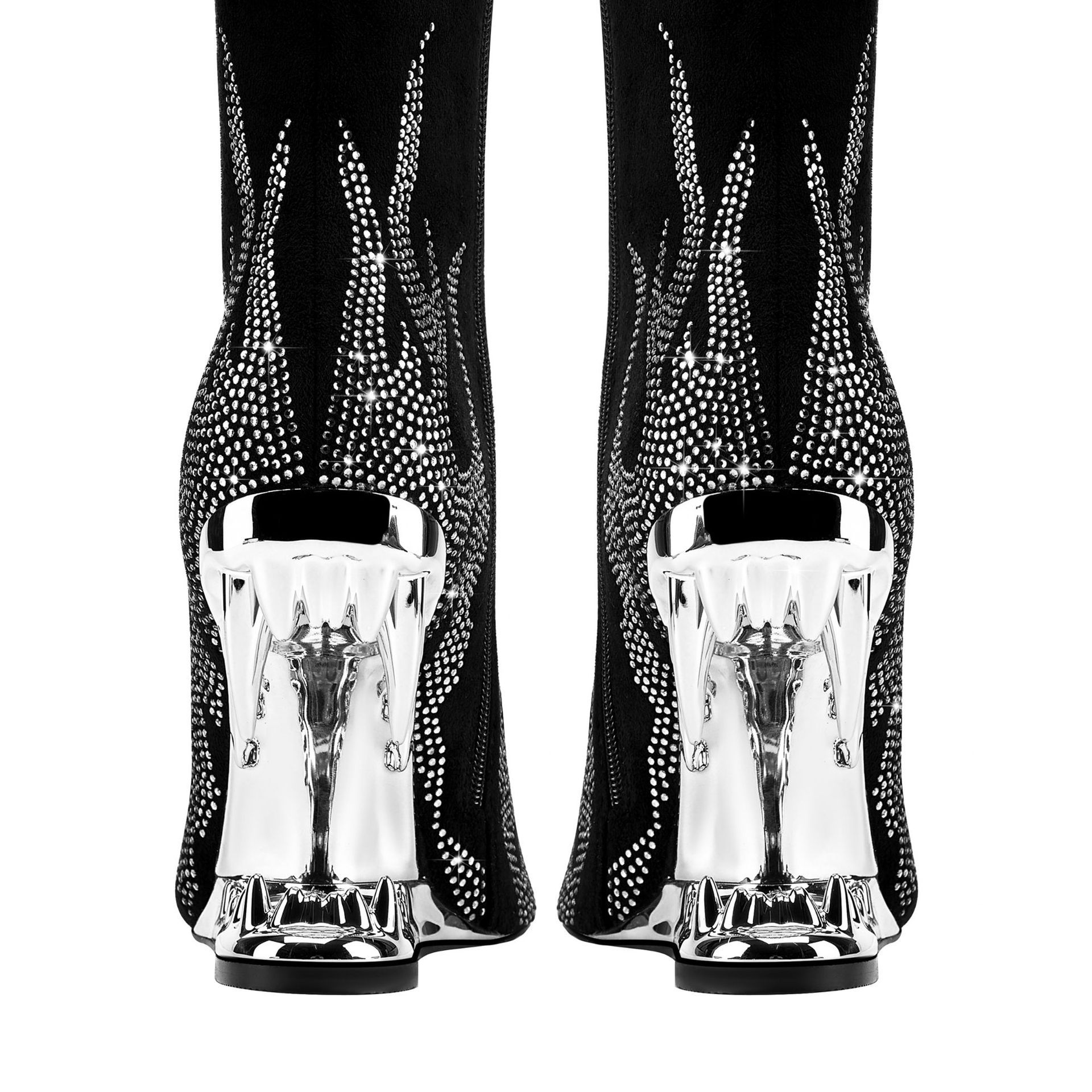 Rhinestone Flame Stretch Boots Tiger Tooth Heel