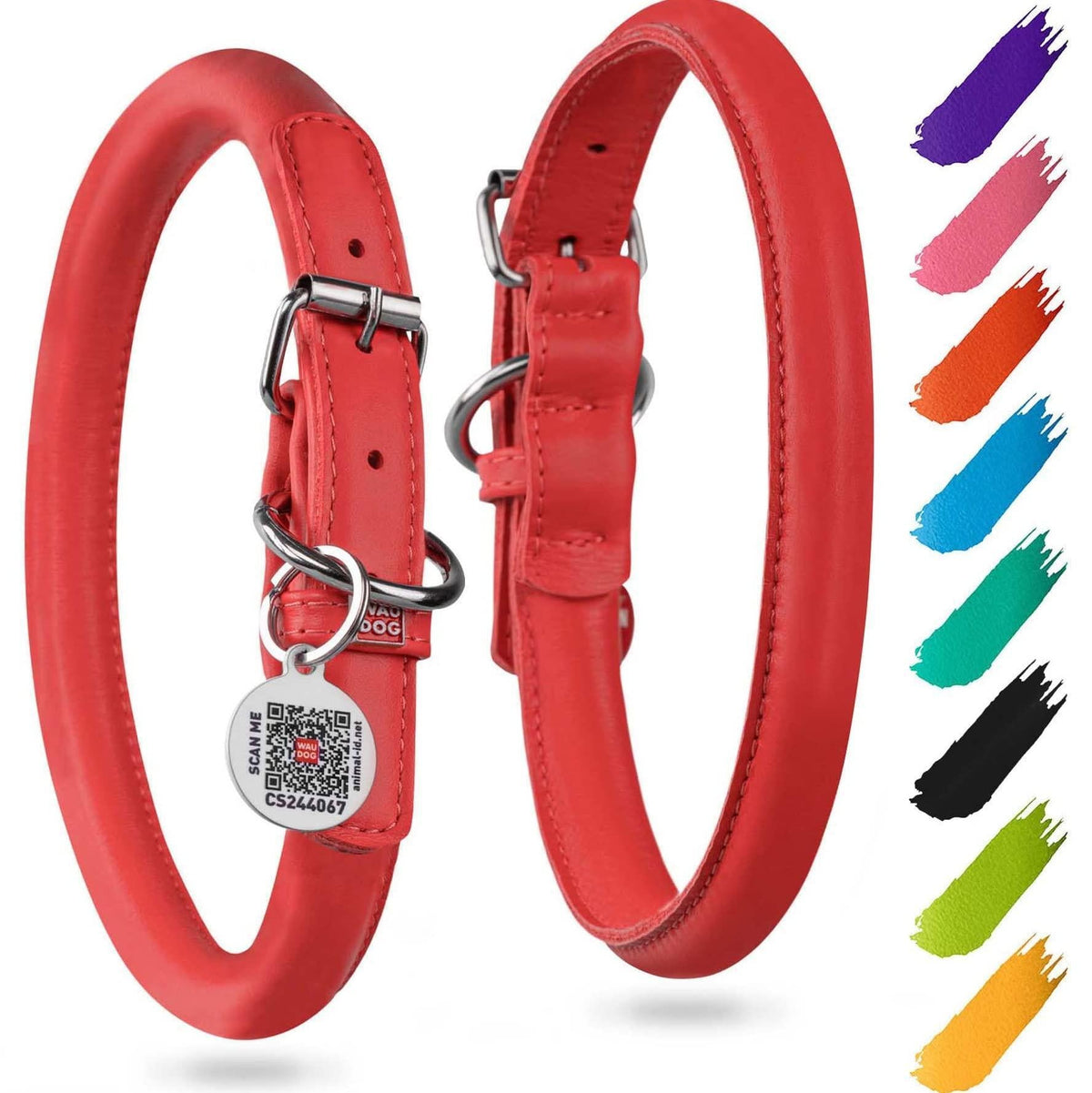 Rolled Leather Dog Collar Padded 18–21 in Neck Red