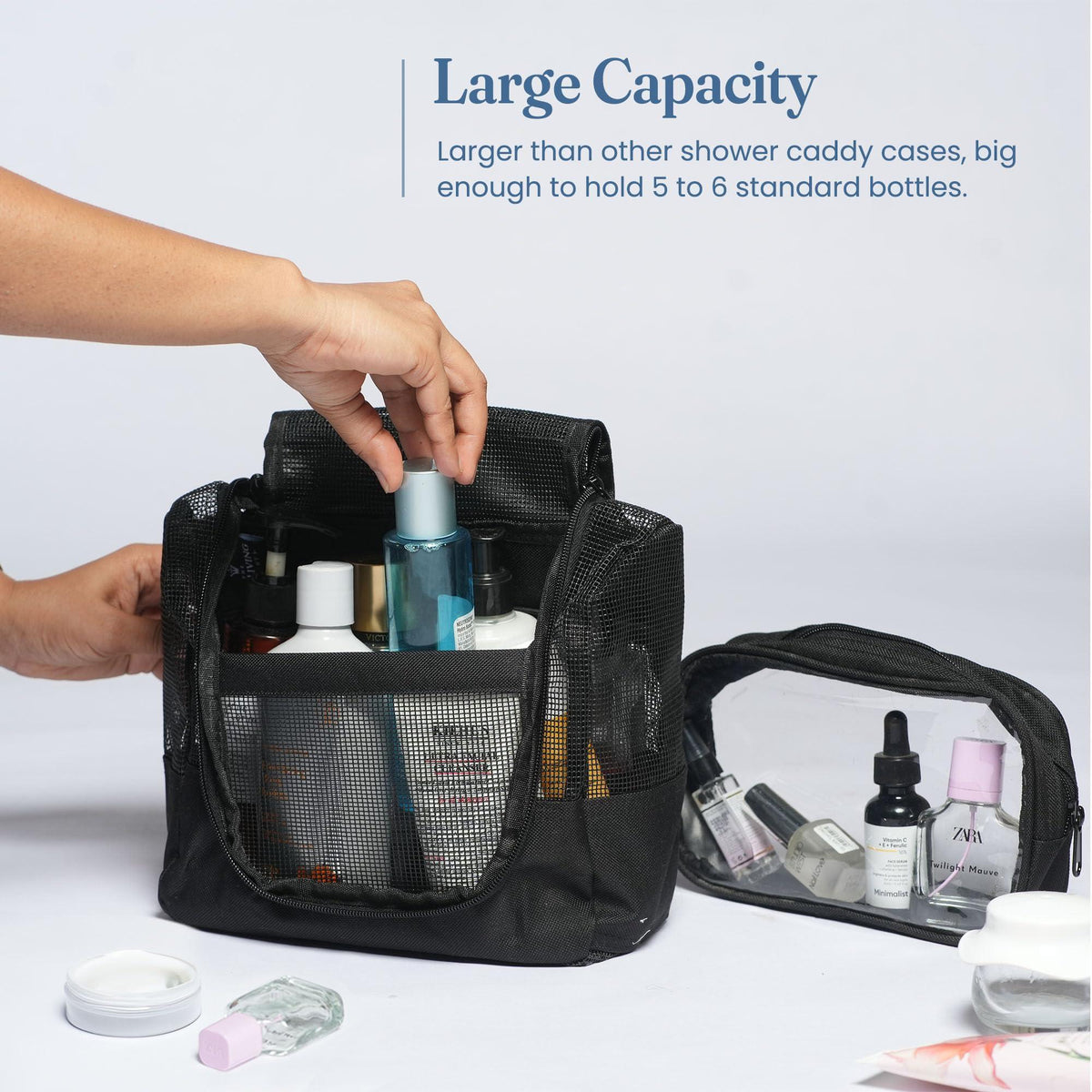 The Fine Living Co. Portable Hanging Shower Caddy Organizer Bag (Free Toiletries Case Metal Hook) Quick Dry Mesh Shower Caddy Tote Bag Pouch For Bathroom College Dorm Camp Gym Camping 10”x4”x8”(Black)